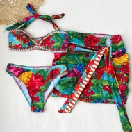 Tropical Floral Bikini Set with Sarong Skirt