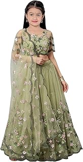 Girl's Net Semi-Stitched Lehenga Choli (Kids_Grey_Free Size)