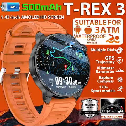 2026 New Military T-Rex 3 Ultra 500mAh Battery Smart Watch 3ATM Waterproof Flashlight Heart Rate Spo