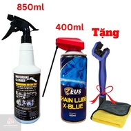 Combo Chăm Sóc Sên Rửa Sên Motorbike Cleaner Dưỡng Sên Mỡ Bò Xanh Zeus Chain Lube X-Blue Tặng Khăn V