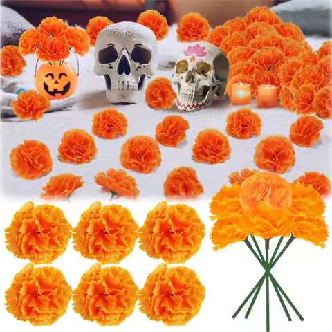 10-80PCS Bulk Mexican Silk Orange Marigold Flowers Heads Garland with Stems for Halloween Diwali Hom