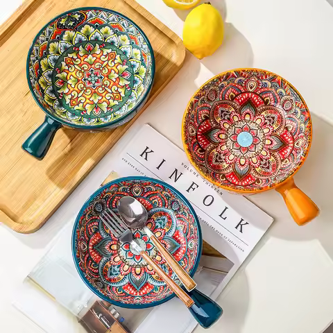 Ceramic single handle bowl Bohemian creative relief handle bowl Salad bowl Instant noodles Dessert b