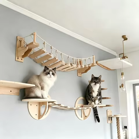 39.4In Wall-mounted Cat Roped Bridge for Indoor Cats Steps with Sisal Wall Wooden Furniture for Slee