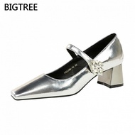 [5cm]BIGTREE Women's Chunky High Heels5288-K87Medium Heel Shallow Mouth Square Toe Women's Shoes