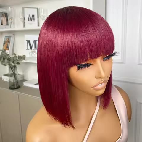 99J Burgundy Red Short Bob Human Hair Wig With Fringe For Women Straight Remy Hair Bob Wigs With Ban