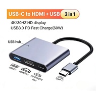 3-in-1 Usb C Hub:Thunderbolt 3 to 4k Hdmi  Adapter Type C HUB OTG 3-IN-1 4K HDMI Support for Laptops