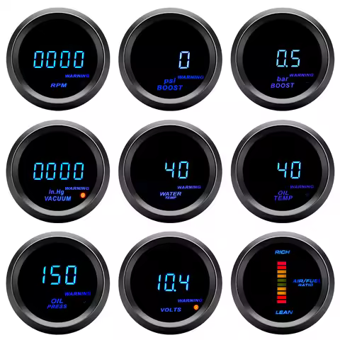 2" 52mm Blue LED Digital Car Gauge Boost Water/Oil Temp/Pressure/Tachometer/Volt/AFR Gauge with Warn