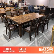 💥 Free Intsall💥- Dining Set | Marble Table | 1 Meja 8 Kerusi | Set meja 8 kerusi |Brown |Solid Wood