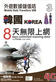 韓國 數據卡 8天 4G 3GB + 128kbps無限數據 上網卡 SIM Card