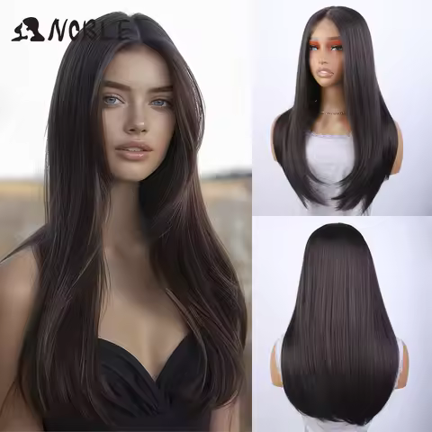 Noble Synthetic Lace Front Wig Hair Straight Baby Hair Bob Wig Synthetic Hair Wig 22" Brown Wig Bob
