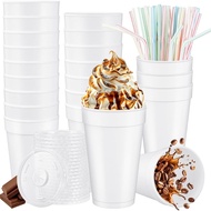 16 Oz Styrofoam Cups with Lids and Straws, 50 Pack White Disposable Foam Cups for Hot Cold Beverages