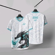 Jersey Badminton Putih Tosca Motif Dragon Hitam Biru Custom Nama Bisa Team
