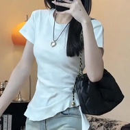Aiyiyi Short-Sleeved T-Shirt Plain Color Top Preppy Style S-2XL American Hot Girl Irregular Hem Stre