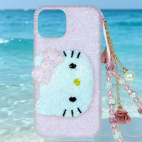 Kawaii Hello Kitty Rhinestone Bling Crystal Phone Case Chain for Iphone 7 8 17 16 15 14 13 12 11Pro 
