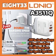 [Ready Stock] LDNIO A3511Q 65W GaN PD Type-C + Dual USB Ports Fast Charge Wall Charger (UK Plug) with Type-C to Type-C Fast Charge Cable for Samsung / Xiaomi / Huawei / Oppo / Vivo / Realme / OnePlus