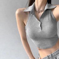 KEMEJA Youngshu - V-neck Shirt Collar Vest Women's Sleeveless Crop Halter Top/Women Sleeveless Halter Crop Top V-neck Shirt Collar Vest