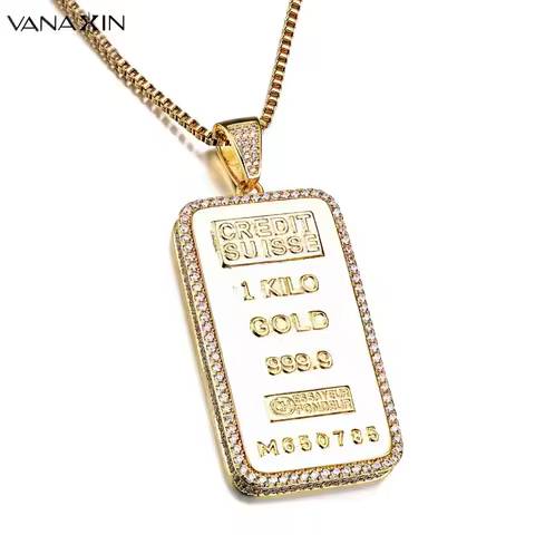 VANAXIN RectangleCoin Credit Suisse Bullion Bar Ingot Badge Pendants Necklace For Men Plated GoldHip