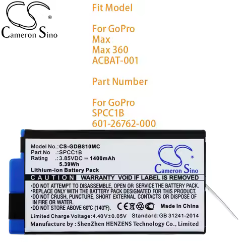 Cameron Sino Camera Battery for GoPro Max Max 360 ACBAT-001 Part Number SPCC 1B 601-26762-000 1400mA