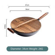 Wok Pan with Lid 32cm/34cm Carbon Steel Wok Nonstick Woks and Stir-fry Pans No Chemical Coated Flat Bottom Chinese Wok for Induction Electric Gas Stove All Stoves