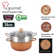 La gourmet Shogun Morandi Cast Aluminium 28cm Non-stick Casserole with Glass Lid with Steamer Insert