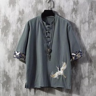 【Ready stock】 Chinese men's flax short sleeve T-shirt male summer thin type cranes embroidery outfit hanfu tide big yards short sleeves