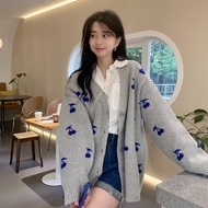 E1 Long-sleeved wool cardigan for women with V-neck, lovely cherry pattern, Korean loose shape, easy