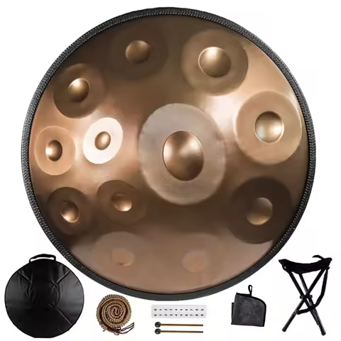 Handpan Drum in D Minor Kurd 9 10 12 Notes 440Hz 22 Inches Steel Hand Drum with Edge Woven Rattan fo