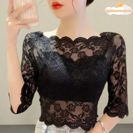 ILIGHTHEARTEDY4 Women Cropped Tops, Embroidery One-word Collar Half Sleeve Blouse, Elegant See-throu