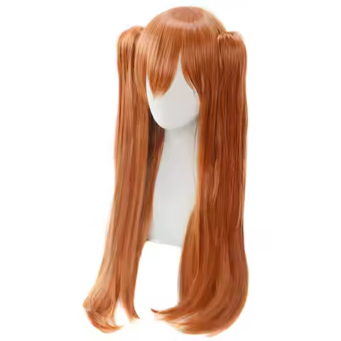 Womens Long Orange Cosplay Wigs With 2 Detachable Ponytails Straight Hair Orange High Temperature Fi