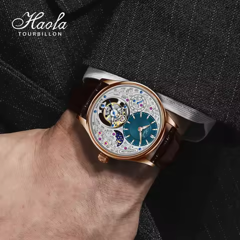 Haofa GMT Manual Tourbillon Mechanical Watches for Men Day and Night Engraved Dial Sapphire Mens Wri