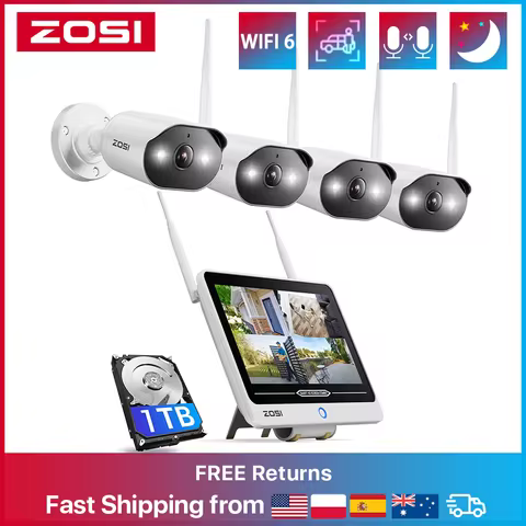 ZOSI 8CH 2K Wi-Fi 6 12'' LCD Monitor Security Camera System 3MP Plug-in WiFi Surveillance Cams Indoo