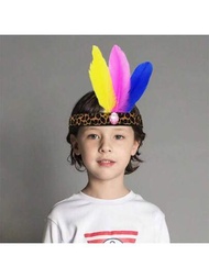 1入組兒童豹紋頭箍波西米亞風格閃亮鑽石羽毛髮飾，適用於禮物和節日派對，男女皆宜