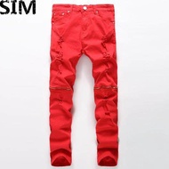 SIM Men Stylish Ripped Jeans Pants Biker Classic Skinny Slim Straight Denim Trousers