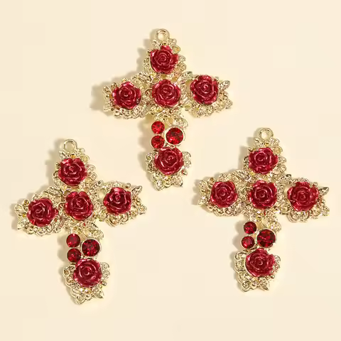 4pcs Gold Color 37x29mm Beautiful Rose Flower Cross Charms Enamel Pendant Fit Necklaces DIY Handmade