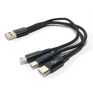 5A fast charging USB 2.0 3-way cable with double braid 20cm, USB 2.0 A male to USB type C male & 2 m
