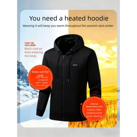 Men's 17-Zone Heated Hooded Jacket - Windproof Winter Sports Coat with Zip-Front & Adjustable Warmin