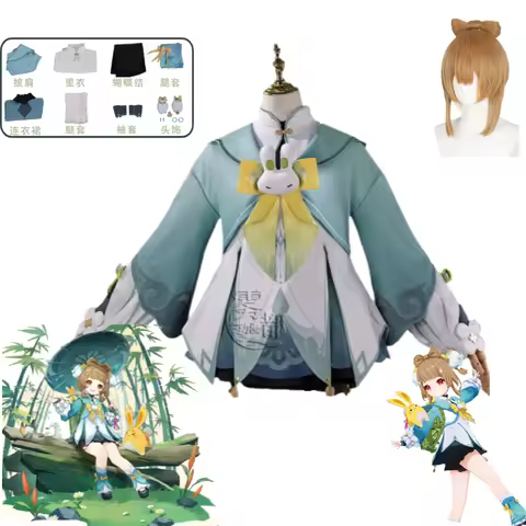 Genshin Impact Yaoyao Lantern Rite Cosplay Costume Listen To Rain and Bamboo Green Cute Lolita Wig F