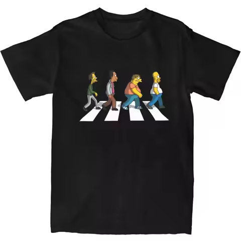The Simpsons Abbey Road Parody T-Shirt, Homer & Springfield Characters Crossing Print,Casual Tee for