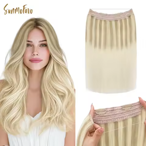 Sunmofavo Wire Halo Hair Extensions Real Human Hair Fish Line with 4 Secure Clips Golden Ombre Gradi