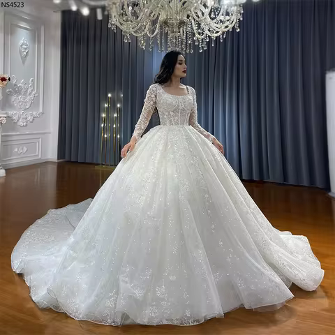 Customized Glitte Dubai Arabia Satin Ball Gowns Wedding Dresses Crystals Embroidery Sheer Long Sleev