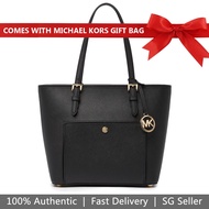 Michael Kors Tote With Gift Bag Shoulder Bag Jet Set Snap Pocket Leather Tote Handbag Black # 38H8GTTT2L