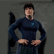 Men's Gymshark Long Sleeve Compression Shirt Quick Dry Breathable Gym Workout Sports Top Navy Blue