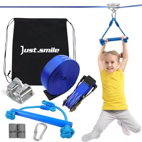Backyard zip line kit for kids: stainless steel pulley slider with swing seat 60ft ninja slackline d