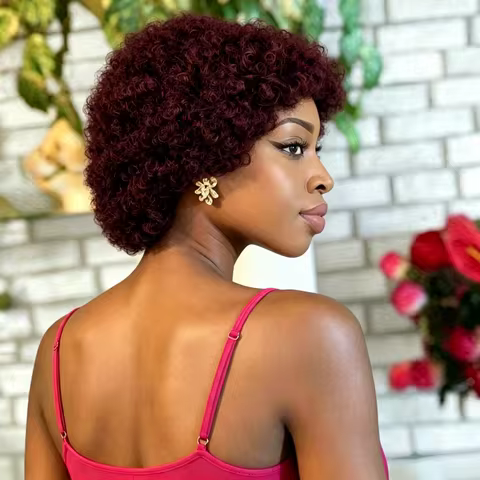 Full Machine Made Short Kinky Curly Human Hair Wig for Women, Human Hair Non‑Lace Machine Made Wig, 