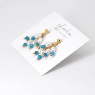 天然螢光藍磷灰石+天然螺紋小米珍珠耳環 天然石耳墜 飾品