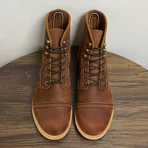 Handmade Vintage British Men Ankle Boots Autumn Winter Crazy Horse Cow Leather Shoes Tooling Outdoor