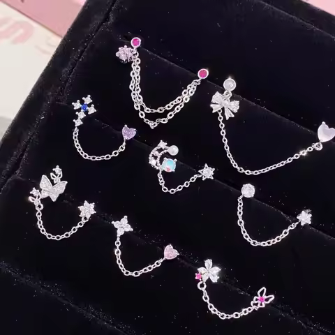 1PCS Pink Love Heart Chain Double Ear Hole 316L Stainless Steel Ear Bone Nail Y2K Fashion Hottie Ear