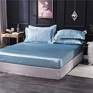 Silver Gray Satin Ice Silk Fitted Sheet Bed Mattress Cover with Elastic Band Single Double Queen Siz