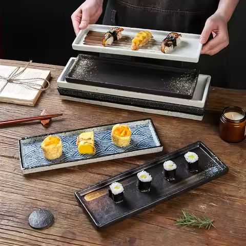Japanese style sushi plate rectangular tray hot pot barbecue plate commercial ceramic tableware crea