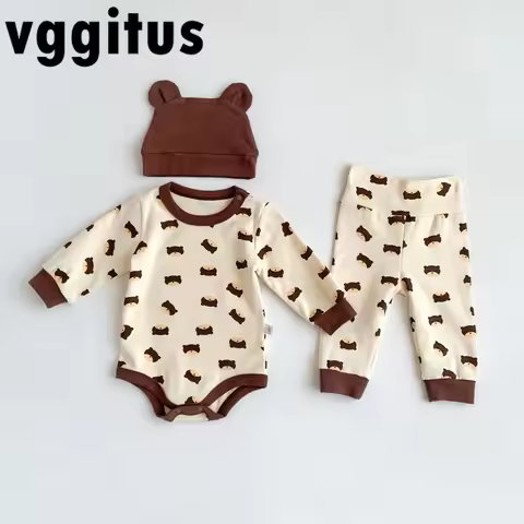 Spring Autumn Baby Boy Girl Pajamas Set Bear Loungewear Long Sleeve Bodysuit Pants with Hat Infant T